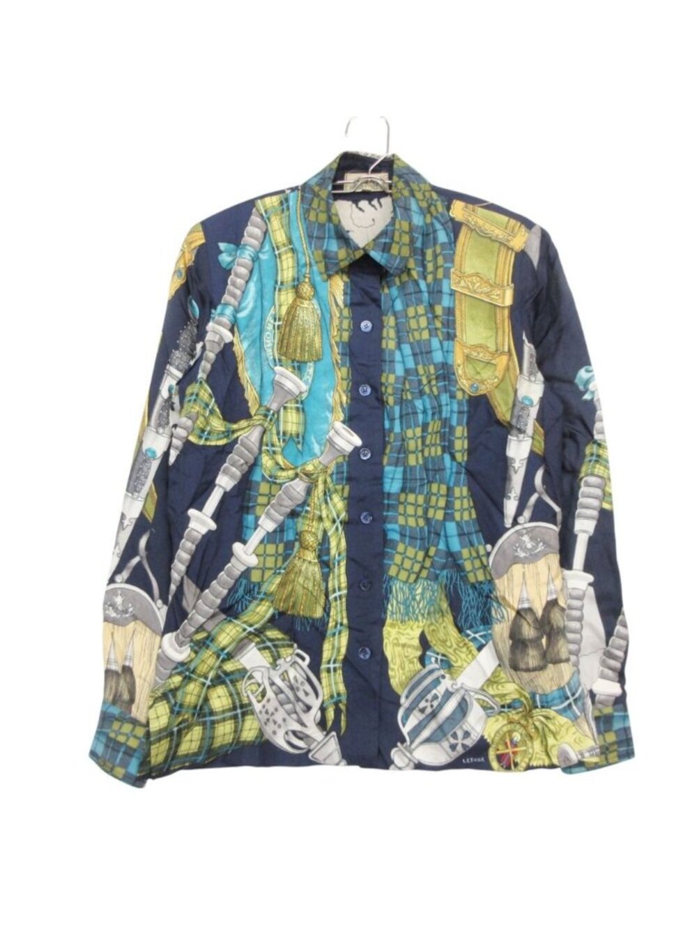 Hermes Long Sleeve Shirt Vintage Carre Graphic Artwork Silk Top Navy